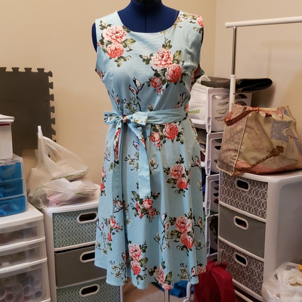 Flower and Bird print Swing Dress